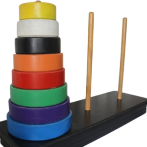 juego torre hanoi de madera con 3 postes de madera y discos circulos de colores